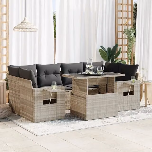 Set da giardino moderno vidaXL composto da 7 pezzi con divani a L, poltrone e tavolino con cuscini grigi in rattan e struttura in metallo