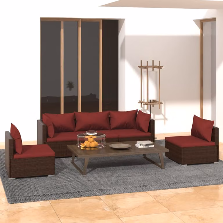 The Living Store Set da giardino 5 pezzi con cuscini in poly rattan marrone
