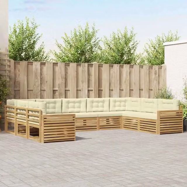Set di divani da esterno a L vidaXL in legno di acacia con cuscini, Bianco e Beige