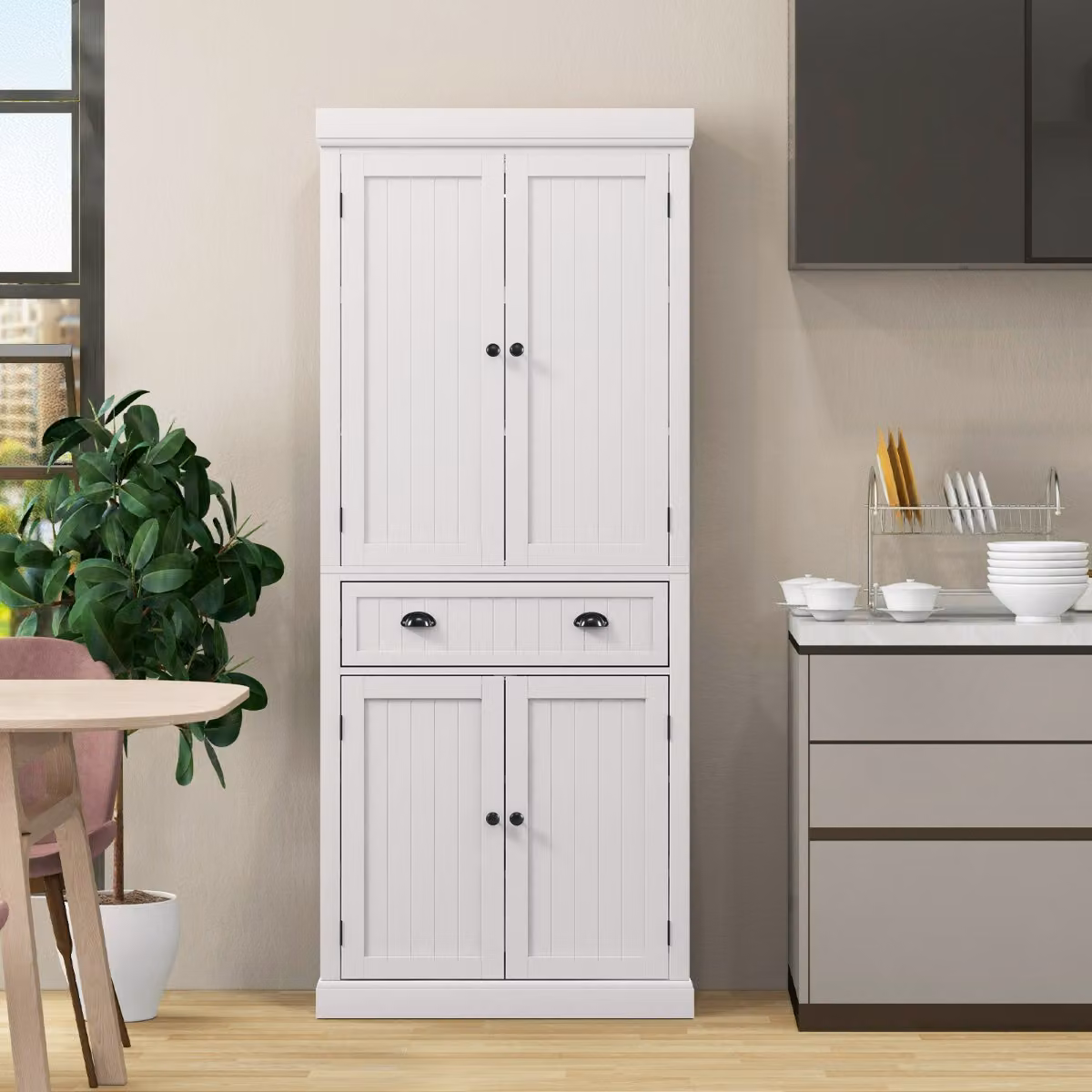 Mobile dispensa alto Costway bianco con 2 ante e cassetto per cucina, soggiorno o sala da pranzo, L/P/H: 76 x 40 x 183 cm – 3