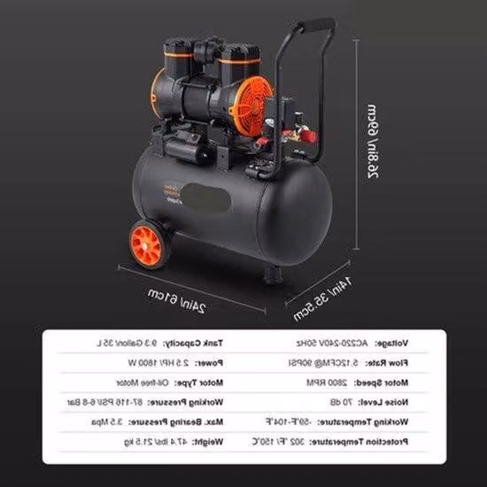 Compressore silenzioso - Compressore portatile senza olio - 35 litri - 1800W - per uso in officina, auto e in casa