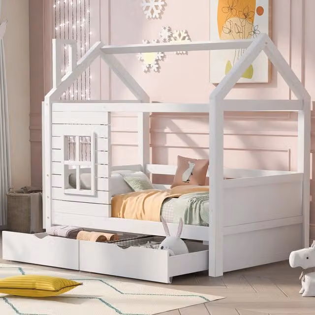 Letto casetta per bambini 80×160 cm con finestre, 2 cassetti e barriere, senza materasso, pino massello bianco