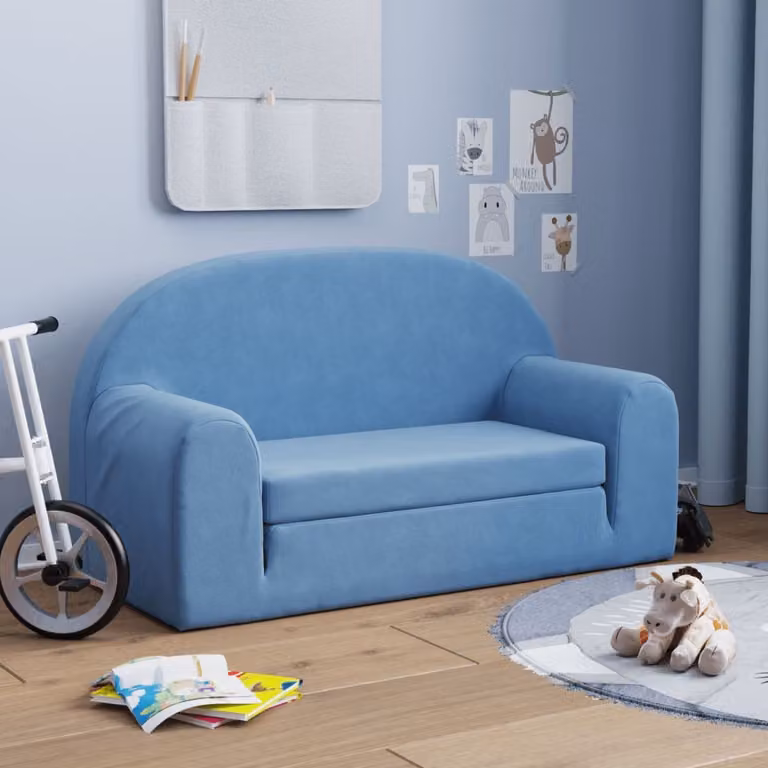 Maison Exclusive - Divano letto per bambini a 2 posti, blu, morbido peluche