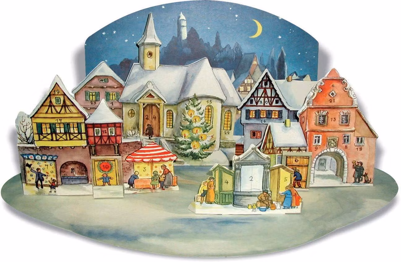 Calendario dell'Avvento in carta. Piccola città illuminata dalla luce della luna. Calendario natalizio nostalgico per adulti e bambini