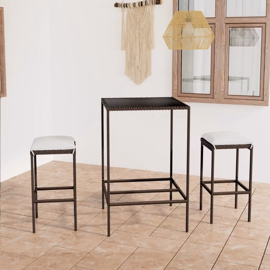 The Living Store Set bar da giardino 3 pezzi con cuscini in poly rattan marrone