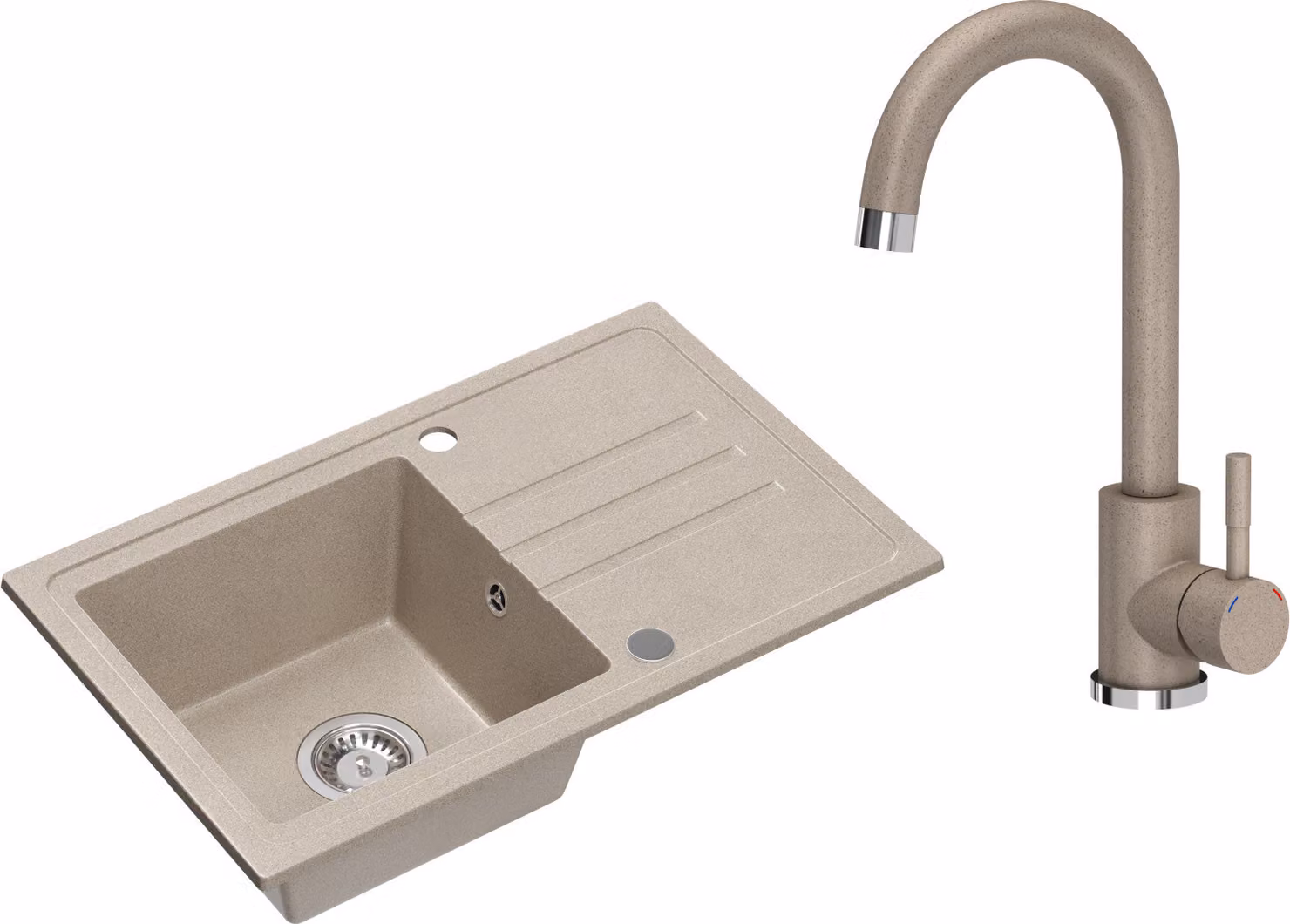 VBChome Lavello in granito beige con rubinetto 70 x 44 cm Lavello da incasso a vasca singola Macchiettato Reversibile Lavello in granito Sifone Lavabo Rubinetto beige
