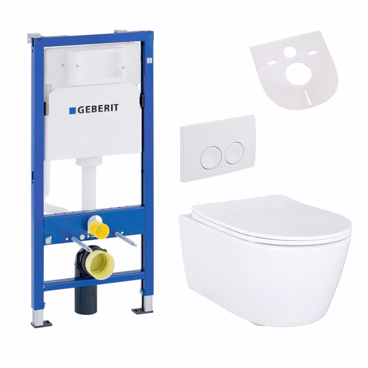 Set completo per WC bianco con vaso sospeso in Vetroceramica Belvit e sedile con chiusura ammortizzata, compatibile con l'elemento pre-parete Geberit UP100 per installazione sospesa