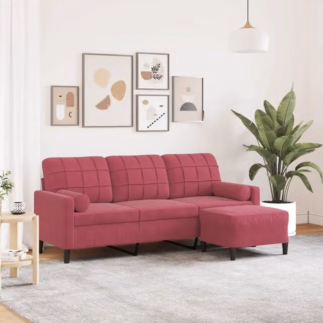 Divano a 3 posti con poggiapiedi vidaXL in velluto rosso con struttura in metallo e imbottitura in schiuma per soggiorno o giardino L: 197 cm, P: 80 cm, H: 77 cm