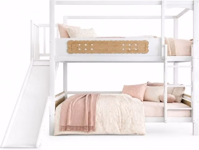 Letto a castello per bambini 90x200 cm con scivolo e scala in legno; bianco naturale