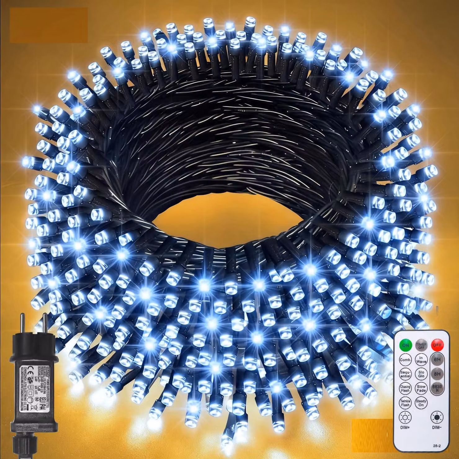 Catena luminosa a LED, 200 LED, 20 metri, luce bianco caldo, 8 modalità, grado di protezione IP44