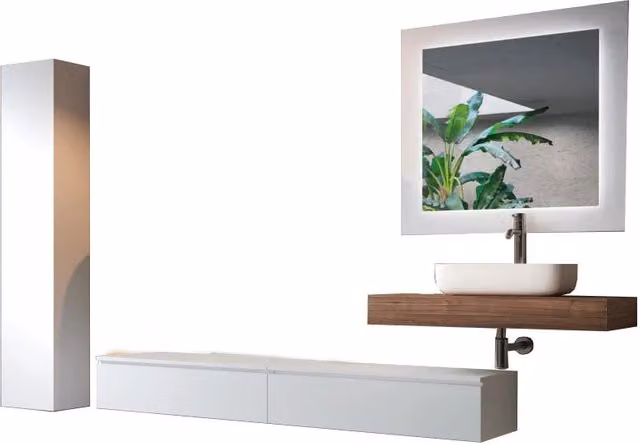 Composizione bagno ASTRA 8 pezzi noce e bianco opaco con illuminazione LED integrata