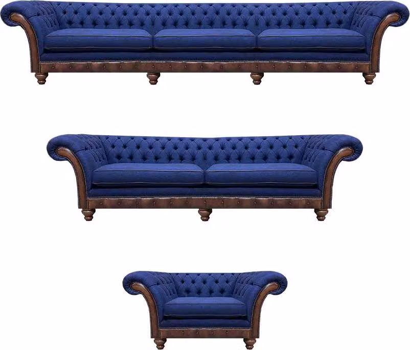 Designer Chesterfield Couchgarnitur Edler Blauer Dreisitzer Sessel 3tlg