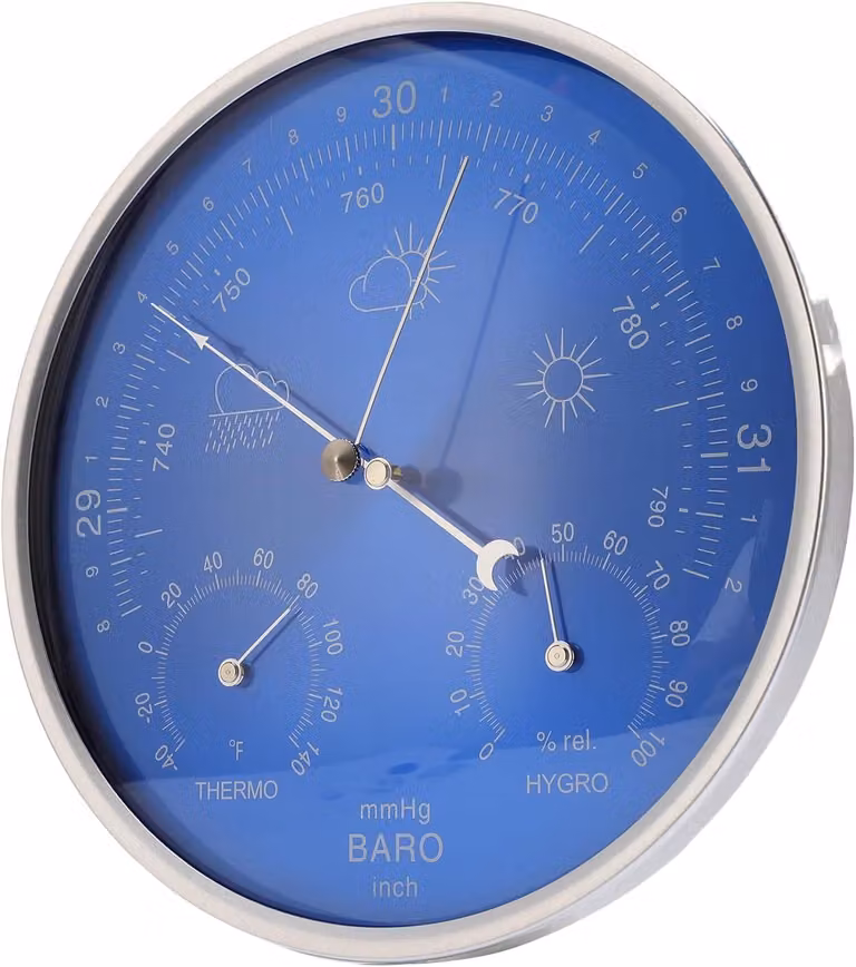 Stazione meteorologica da 180 mm, con termometro, barometro e igrometro, quadrante blu, da parete