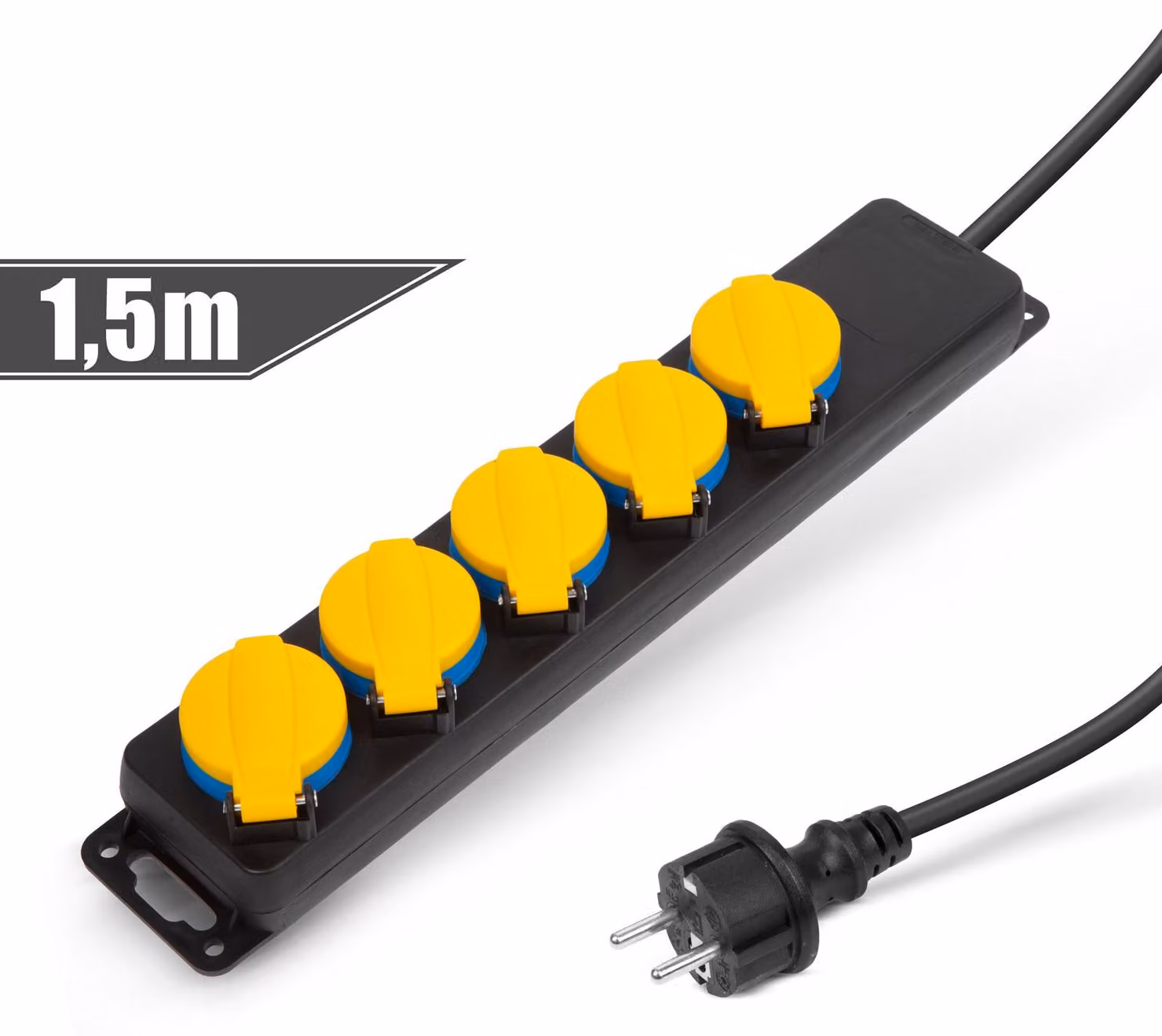 Presa multipla a 5 vie per esterni - Prolunga con coperchio e sicurezza bambini - 1,5 m - IP44 - 250 V • 16 A - Nero/Giallo [20223E]