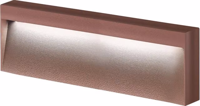 Applique LED KIKI Rossini Group da esterno in alluminio color corten, segnapasso a parete IP65 8W 4000K con luce bianca fredda