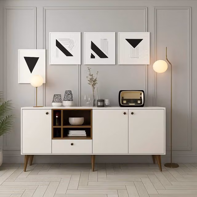 Madia Lucertola DMORA con 4 ripiani, colore bianco crema, L: 180 cm, P: 35 cm, H: 81 cm