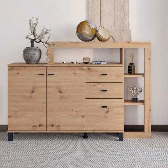 Madia Valiza DMORA, Credenza moderna con 4 ripiani in rovere nodi marrone, L: 145 cm, P: 35 cm, H: 101 cm