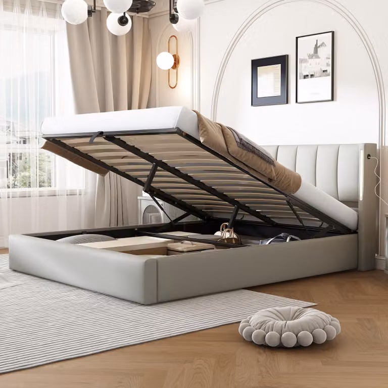 OKWISH Letto matrimoniale 140x190 - Letto con LED e contenitore idraulico - Moderno inPoliuretano- Senza materasso - Grigio