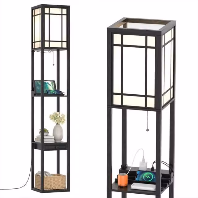 Lampada da terra con 3 ripiani e cassetto 26 x 26 x 160,5 cm ricarica USB spazio di archiviazione ottimale design moderno in MDF nero 20_0020465