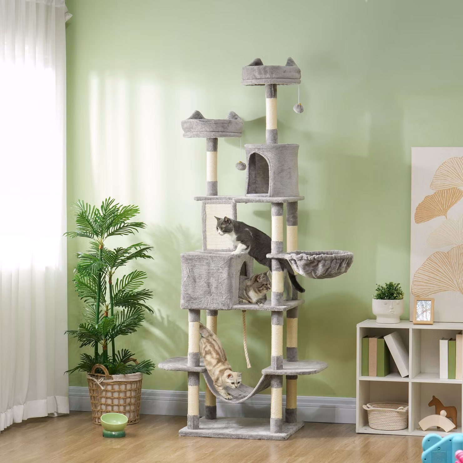 Tiragraffi per gatti PawHut con casette, amache e giochi in sisal, Grigio chiaro, Altezza: 206 cm – 2