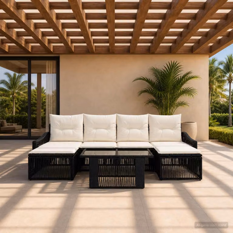 Set Divano da Giardino vidaXL 6 pz in Polyrattan Nero e Bianco Crema con Cuscini e Tavolino