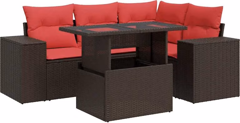 Set Divano da Giardino 5 pz Cuscini Marrone Polyrattan e Acacia