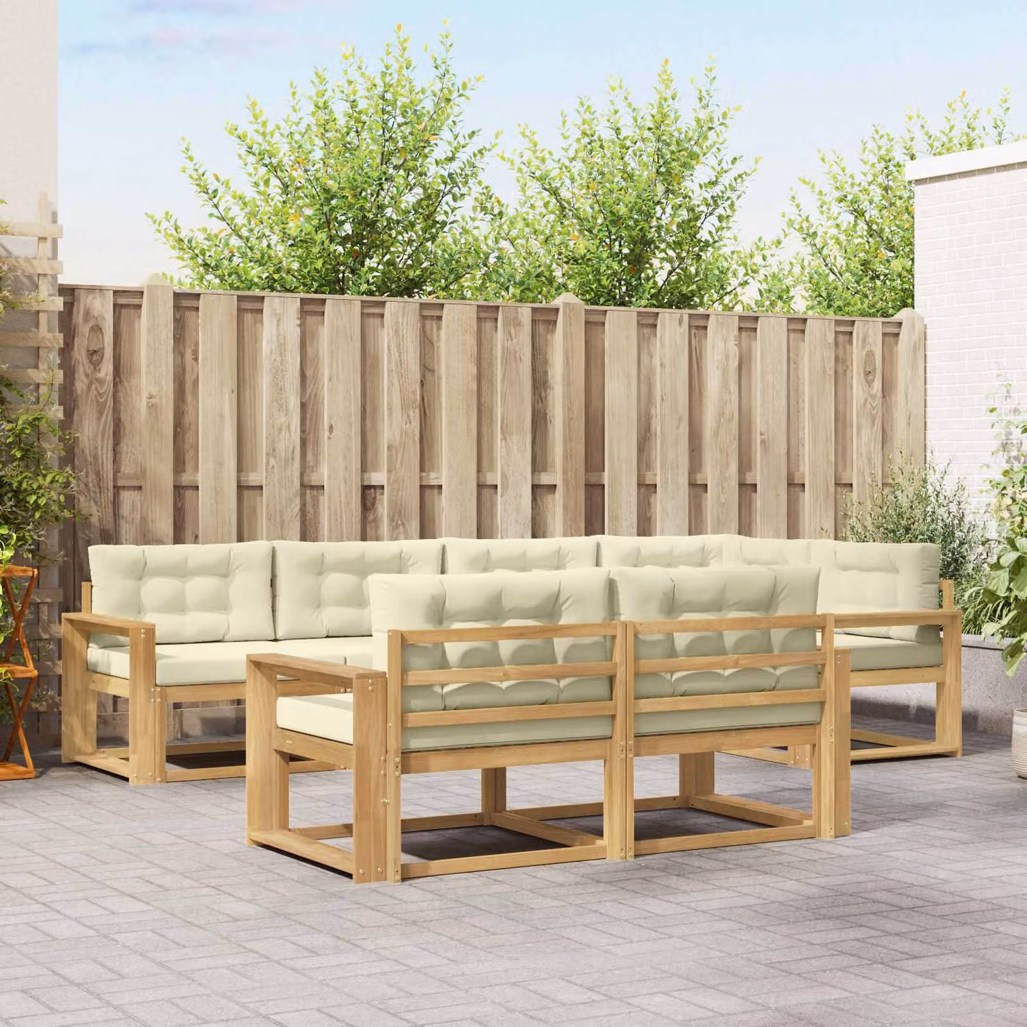 Set di divani da esterno a forma di U vidaXL in legno di acacia con cuscini, Bianco e Beige