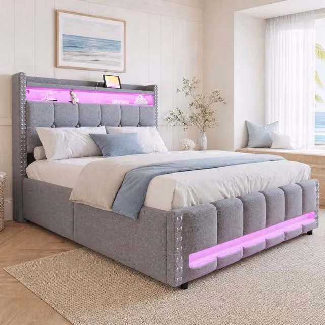 Letto matrimoniale Mivray con contenitore, testiera con ripiani, illuminazione LED e porta USB, rivestimento in lino grigio chiaro, L/P/H: 140 x 200 cm