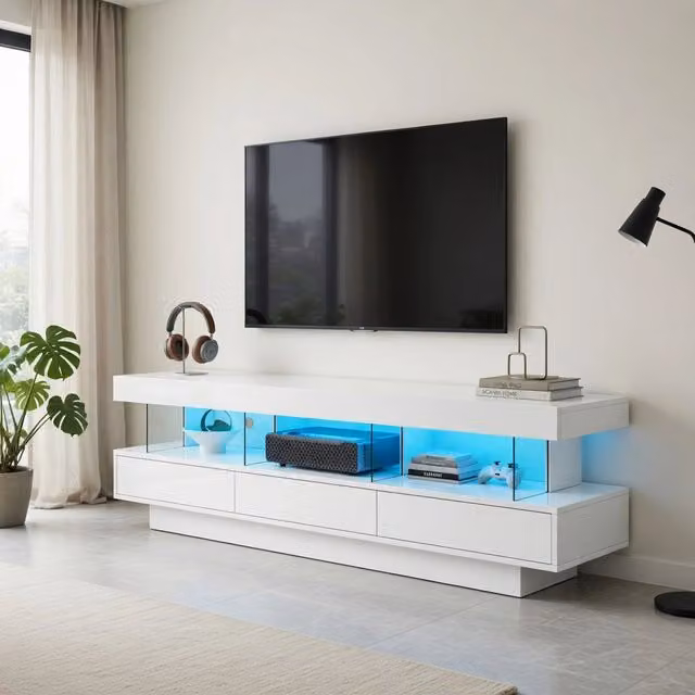 Cassettiera per TV KOMHTOM bianca lucida con illuminazione integrata L: 160 cm, P: 38 cm, H: 50,5 cm
