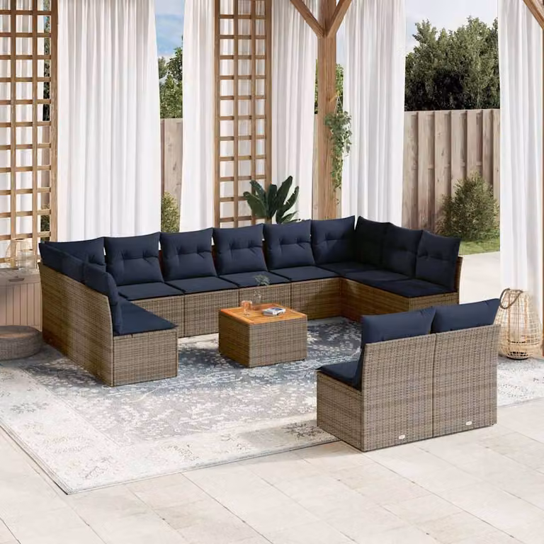 vidaXL Set Divani da Giardino 13 pz in Polyrattan con Cuscini Grigio e Blu e Tavolino da Caffè