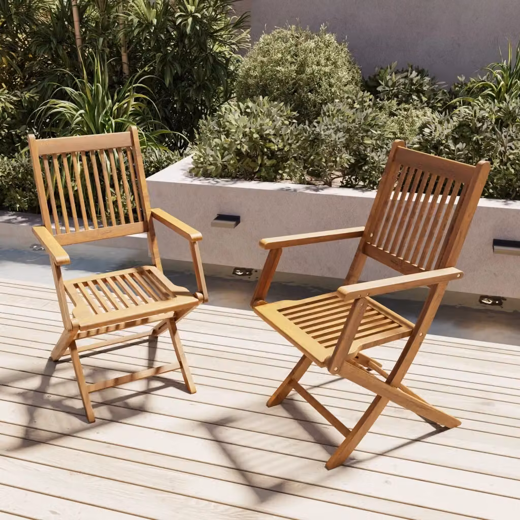 Set di 4 sedie bistrot pieghevoli in legno di acacia naturale marrone con braccioli e schienale alto per giardino, balcone o piscina H: 91 cm, L: 58 cm, P: 52 cm – 2