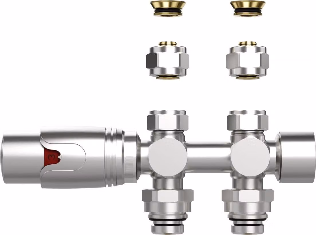 Valvola termostatica per radiatori BELVIT, design moderno, in acciaio inossidabile spazzolato, adatta per collegamento a parete o a pavimento, con attacco 1/2", compatibile con tubi PEX 16 x 2 mm e con cono M30