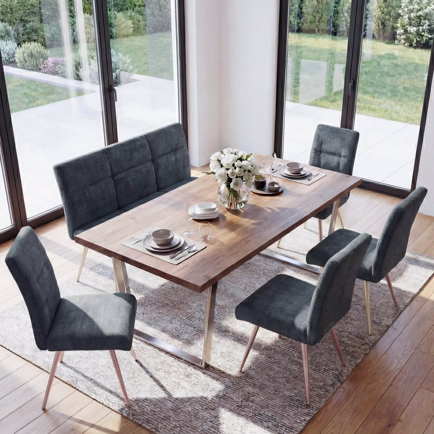 Set sala da pranzo HWC-G55, set di 4 sedie + panca 180cm, acciaio inox spazzolato tessuto/ceniglia tessile ~ blu-verde