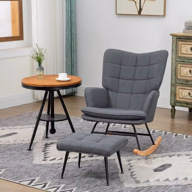 Poltrona a dondolo REDOM con poggiapiedi coordinato, tessuto grigio, L: 64 cm, P: 89 cm, H: 90 cm