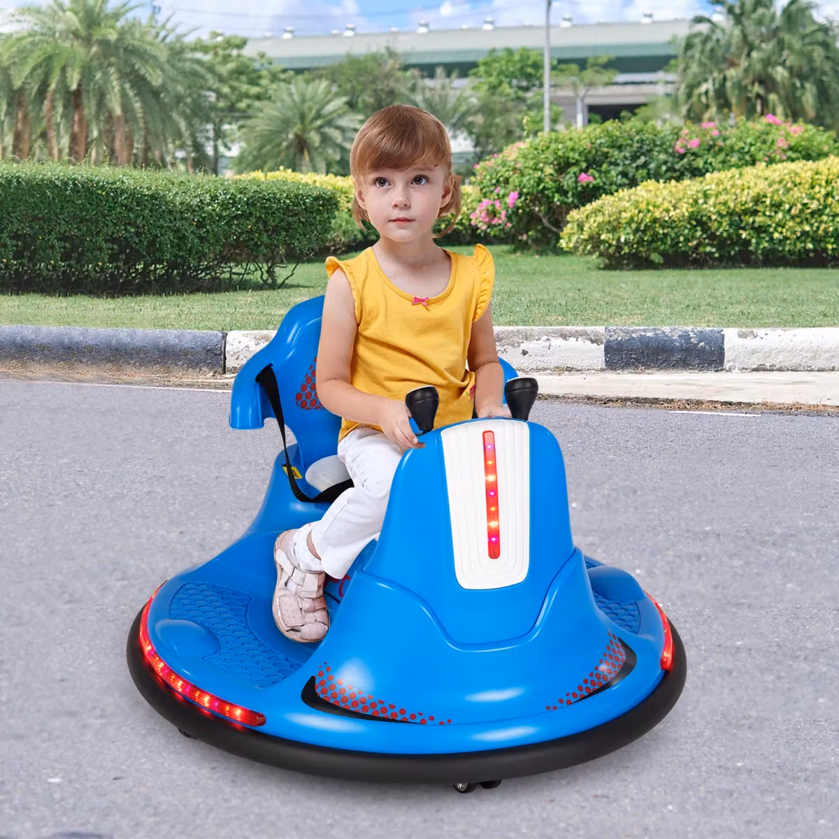 Costway Autoscontro elettrico a batteria per bambini con doppio joystick, telecomando e luci a LED, Blu