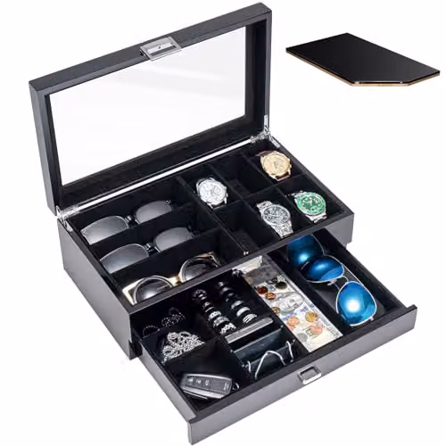 ProCase Portagioie Uomo di Lusso a 2 Livelli, Porta Orologi Uomo a 6 Posti in Legno, Custodia Orologio con Coperchio in Vetro, Scatola per Gioielli Orologio Occhiali da Sole - Nero