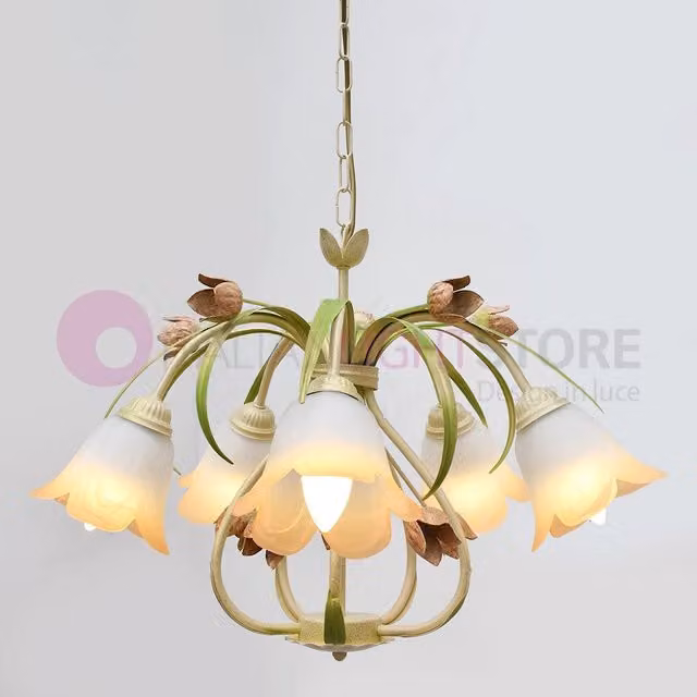 FLORA Lampadario a Sospensione in Metallo e Vetro con 5 Luci, Stile Floreale, Colore Bianco e Oro/Ottone, Altezza Regolabile