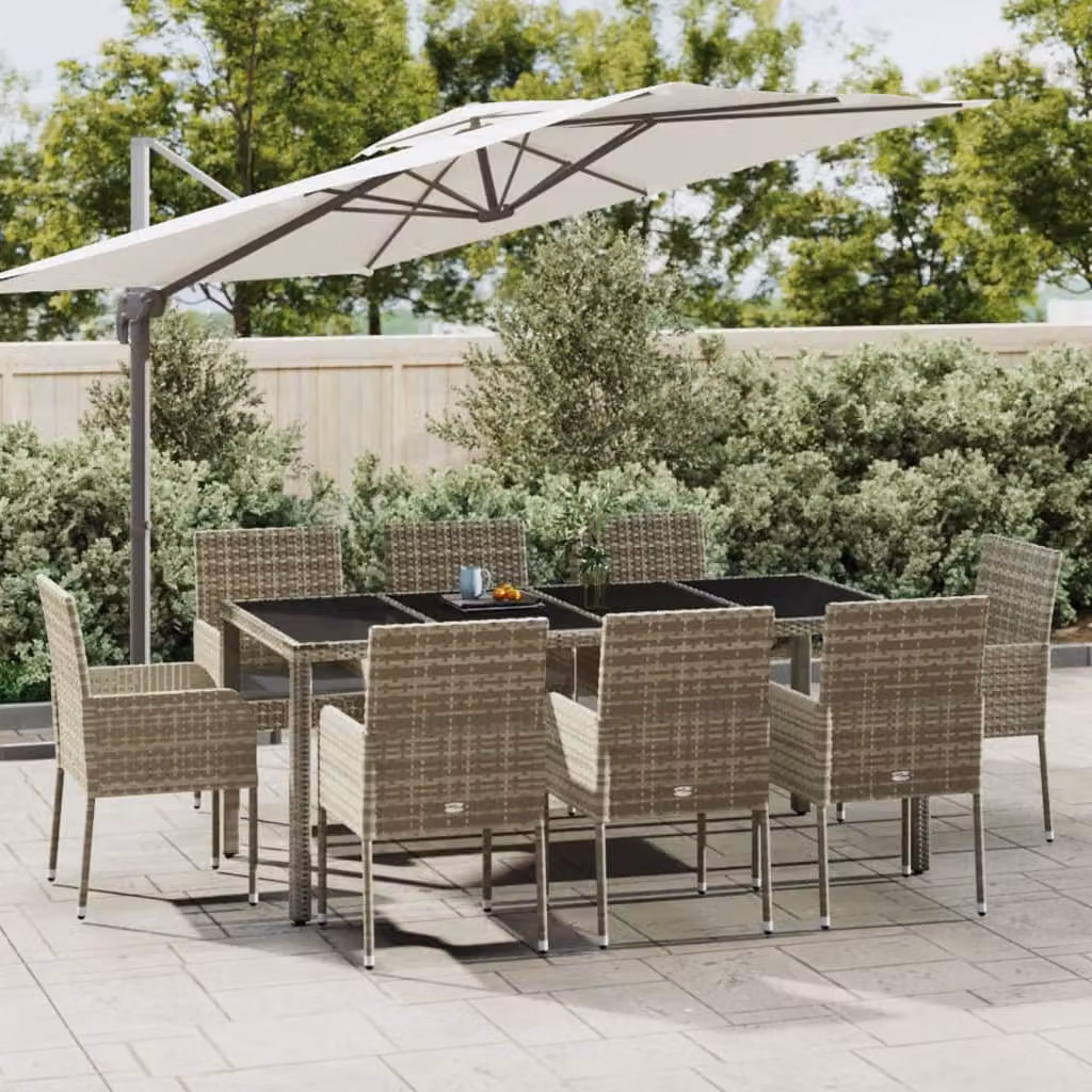 vidaXL Set da Pranzo da Giardino 9 pz in Polyrattan Grigio con Piano in Vetro