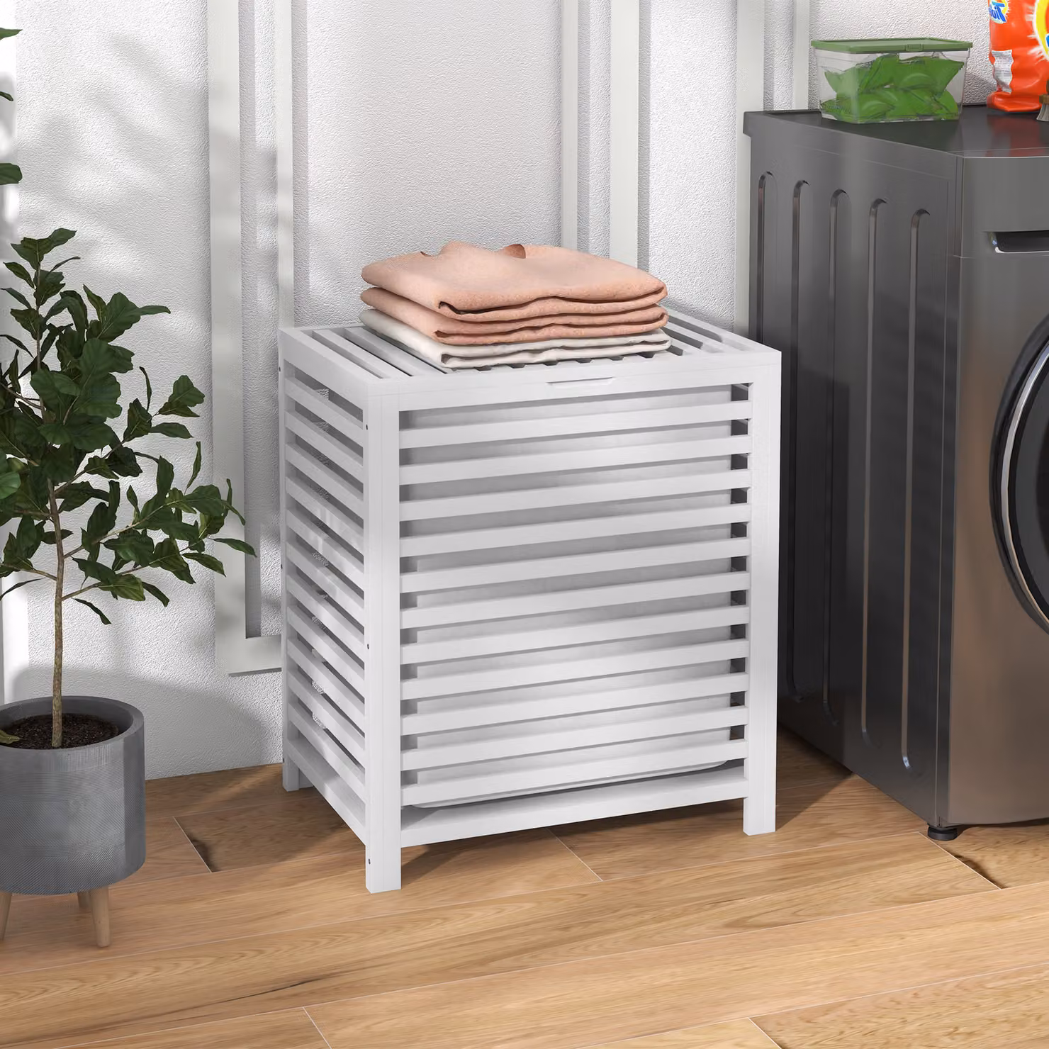 Cesta per il bucato in bambù HOMCOM con borsa estraibile e 2 manici, capacità 55L, Bianco, L 50 cm x P 36 cm x H 60 cm – 2