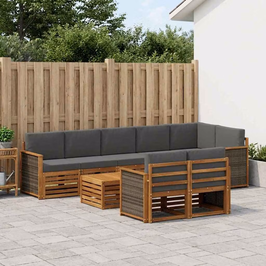 Set di divani da esterno vidaXL 8 pz in legno di acacia con cuscini, forma a L, colore naturale e antracite