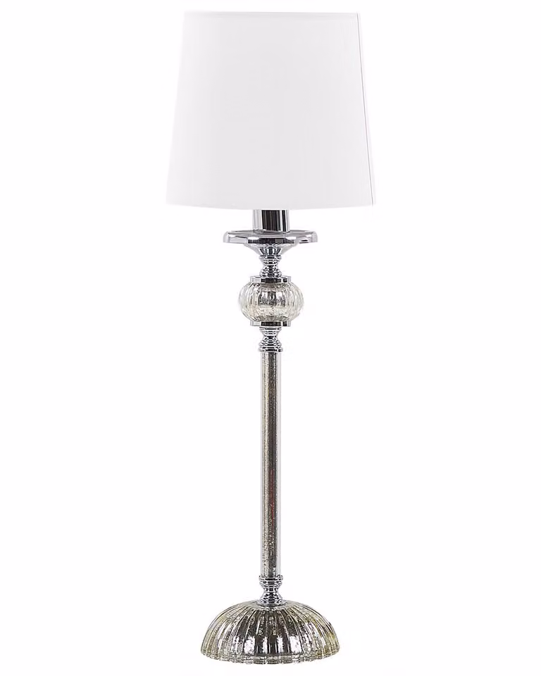 BELIANI Lampada da tavolo con base in metallo argento, paralume bianco ed elementi in vetro, stile glamour
