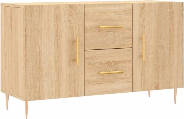 Credenza moderna in legno multistrato color rovere con dettagli in metallo per soggiorno o sala da pranzo L: 100 cm, P: 36 cm, H: 60 cm