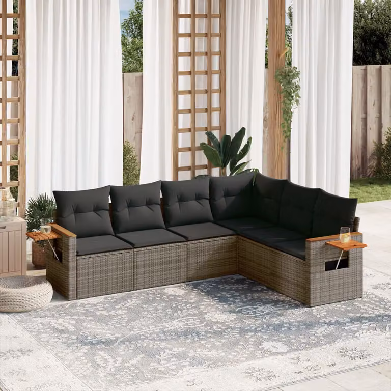 vidaXL Set Divano da Giardino a L 6 pz in Polyrattan Grigio con Cuscini e Tavolino