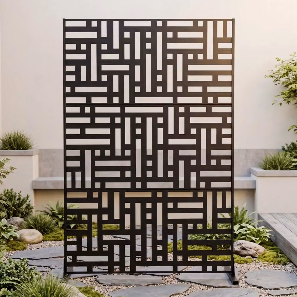 Pannello decorativo esterno nero in acciaio zincato con motivi traforati, frangivista divisorio per giardino e balcone, L/P/H: 121 x 40 x 183 cm – 2