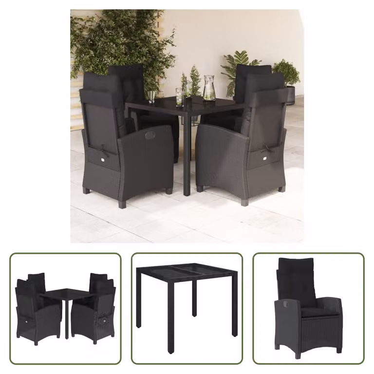 The Living Store Set da pranzo da giardino 5 pezzi con cuscini in poly rattan nero