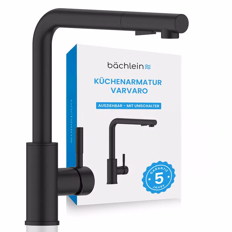 Rubinetto da cucina Bächlein girevole a 360 gradi colore nero opaco - Miscelatore monocomando per lavello in acciaio inox con tubo estraibile e getto con pulsante deviatore, rubinetto da cucina