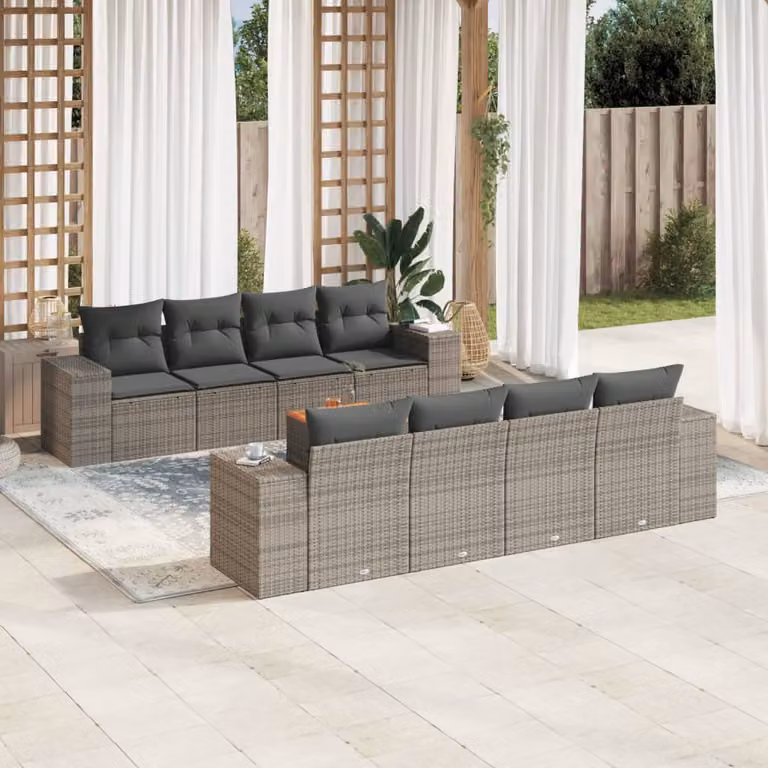vidaXL Set Divano da Giardino 9 pz a forma di U con Cuscini Grigio in Polyrattan e Struttura in Acciaio Verniciato a Polvere