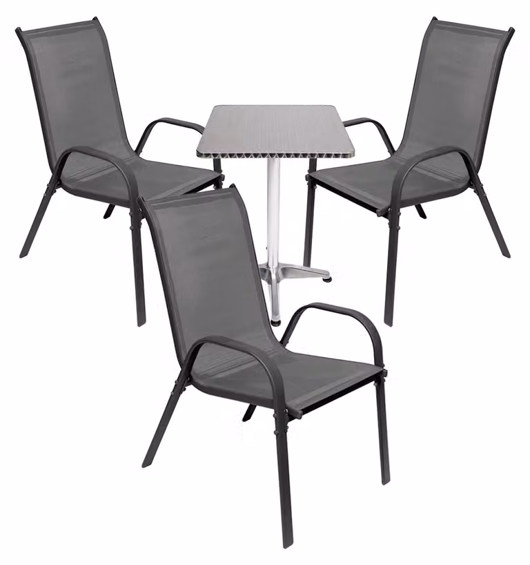Set da balcone Bistro da 4 pezzi: tavolo + 3 sedie impilabili 60x60xH70 cm