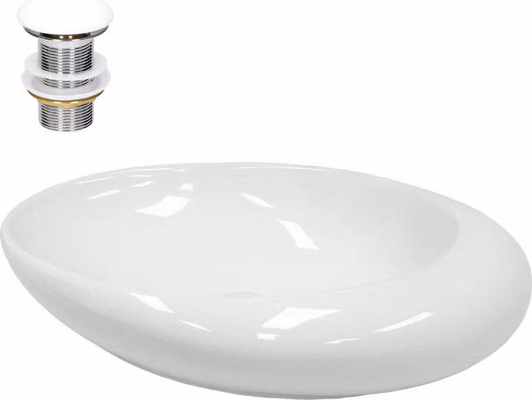 Lavabo LuxeBath Lavabo da appoggio ovale, 58,5x37,5x14,5 cm, bianco, in Vetroceramica, incl. set di scarico senza troppopieno