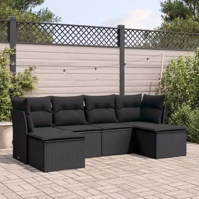 Set Divano da Giardino a L VIDAXL in Polyrattan Nero con Cuscini, 6 Posti – 1
